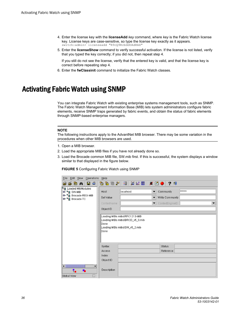 Activating fabric watch using snmp | Brocade Fabric Watch Administrators Guide (Supporting Fabric OS v7.3.0) User Manual | Page 36 / 116