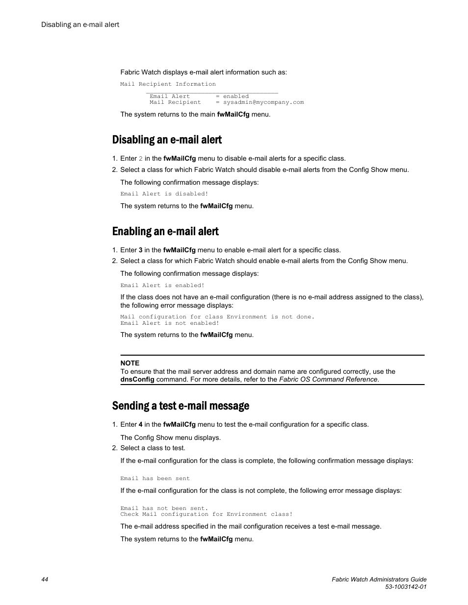 Disabling an e-mail alert, Enabling an e-mail alert, Sending a test e-mail message | Brocade Fabric Watch Administrators Guide (Supporting Fabric OS v7.3.0) User Manual | Page 44 / 116