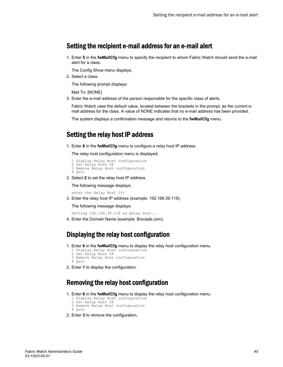 Setting the relay host ip address, Displaying the relay host configuration, Removing the relay host configuration | Brocade Fabric Watch Administrators Guide (Supporting Fabric OS v7.3.0) User Manual | Page 45 / 116