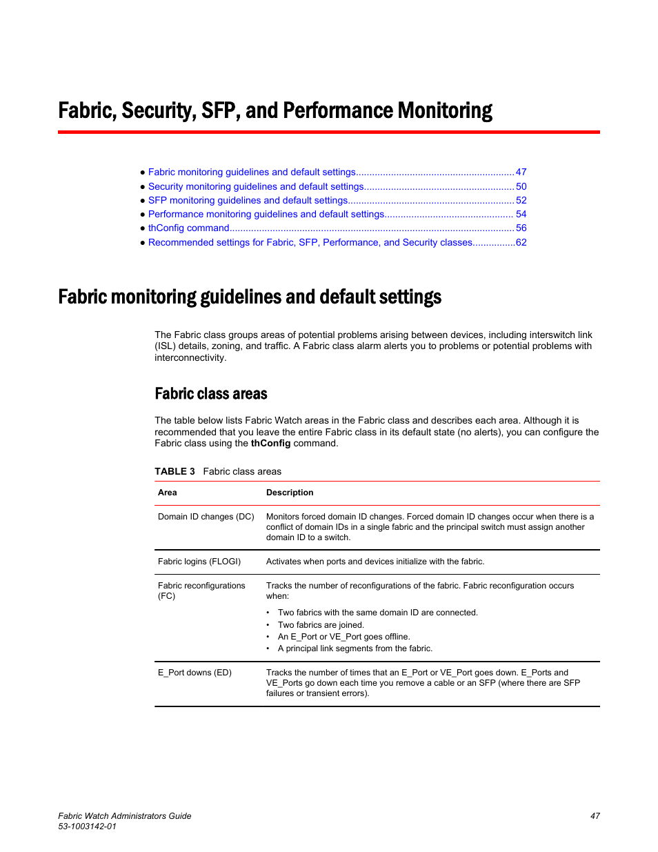 Fabric, security, sfp, and performance monitoring, Fabric monitoring guidelines and default settings, Fabric class areas | Refer to | Brocade Fabric Watch Administrators Guide (Supporting Fabric OS v7.3.0) User Manual | Page 47 / 116