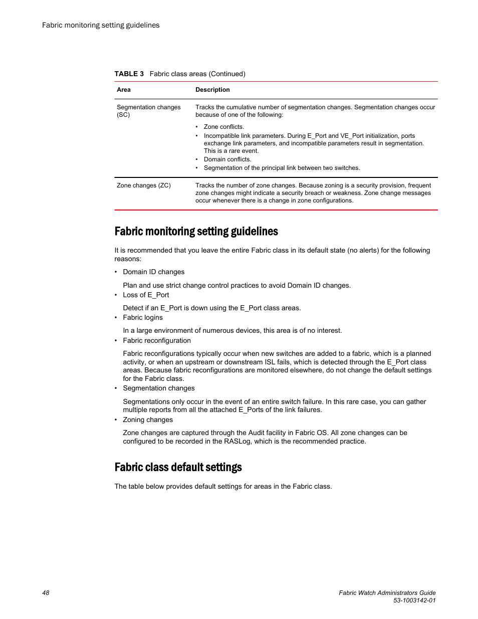 Fabric monitoring setting guidelines, Fabric class default settings | Brocade Fabric Watch Administrators Guide (Supporting Fabric OS v7.3.0) User Manual | Page 48 / 116