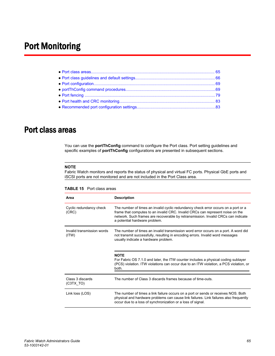 Port monitoring, Port class areas, Refer to | Guidelines, and default settings, refer to | Brocade Fabric Watch Administrators Guide (Supporting Fabric OS v7.3.0) User Manual | Page 65 / 116