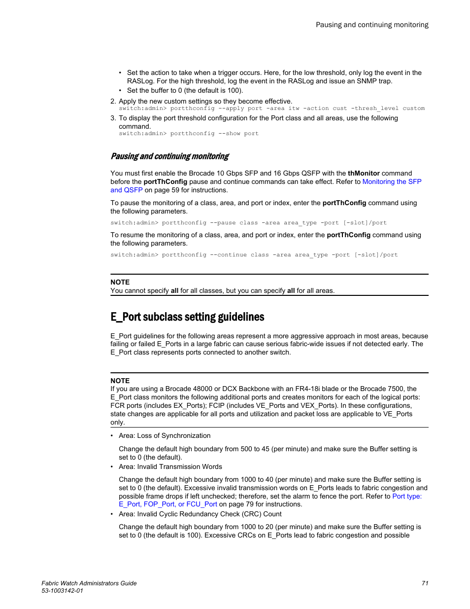 Pausing and continuing monitoring, E_port subclass setting guidelines | Brocade Fabric Watch Administrators Guide (Supporting Fabric OS v7.3.0) User Manual | Page 71 / 116