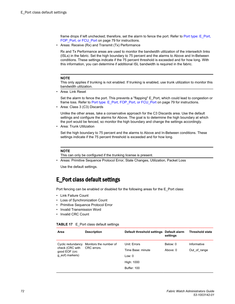 E_port class default settings | Brocade Fabric Watch Administrators Guide (Supporting Fabric OS v7.3.0) User Manual | Page 72 / 116