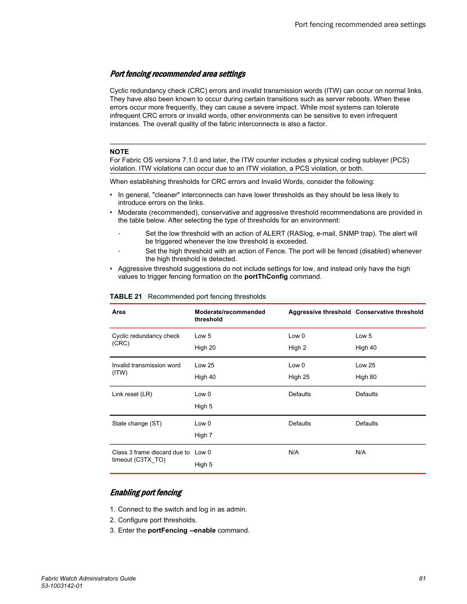 Port fencing recommended area settings, Enabling port fencing | Brocade Fabric Watch Administrators Guide (Supporting Fabric OS v7.3.0) User Manual | Page 81 / 116