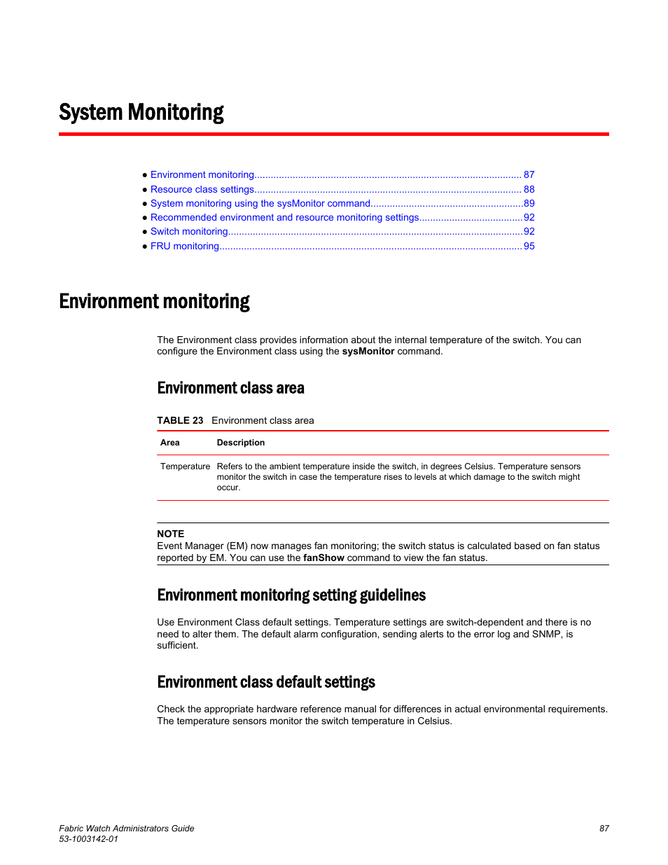 System monitoring, Environment monitoring, Environment class area | Environment monitoring setting guidelines, Environment class default settings, Refer to | Brocade Fabric Watch Administrators Guide (Supporting Fabric OS v7.3.0) User Manual | Page 87 / 116