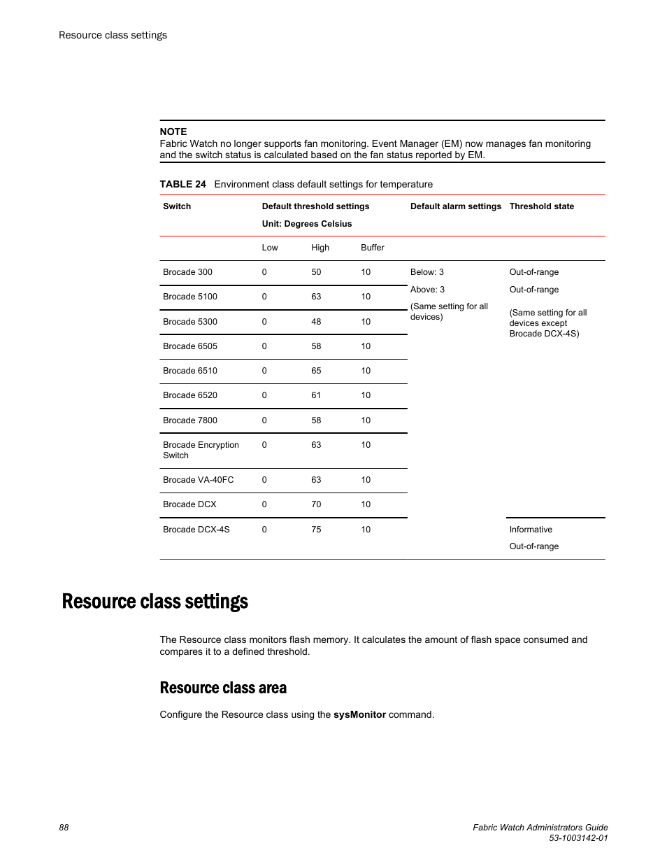 Resource class settings, Resource class area | Brocade Fabric Watch Administrators Guide (Supporting Fabric OS v7.3.0) User Manual | Page 88 / 116