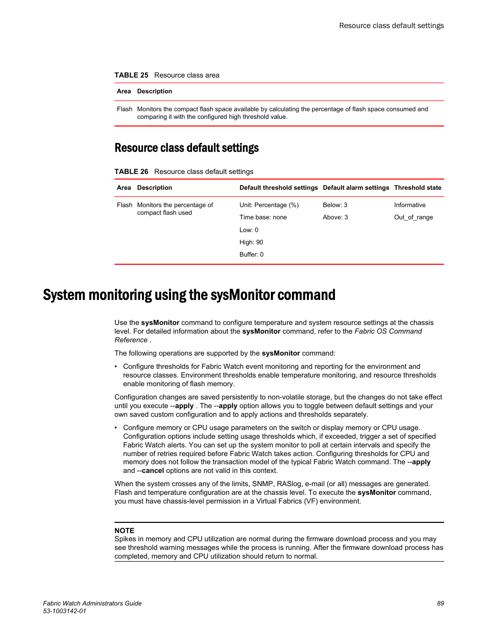 Resource class default settings, System monitoring using the sysmonitor command, Settings, refer to | Brocade Fabric Watch Administrators Guide (Supporting Fabric OS v7.3.0) User Manual | Page 89 / 116