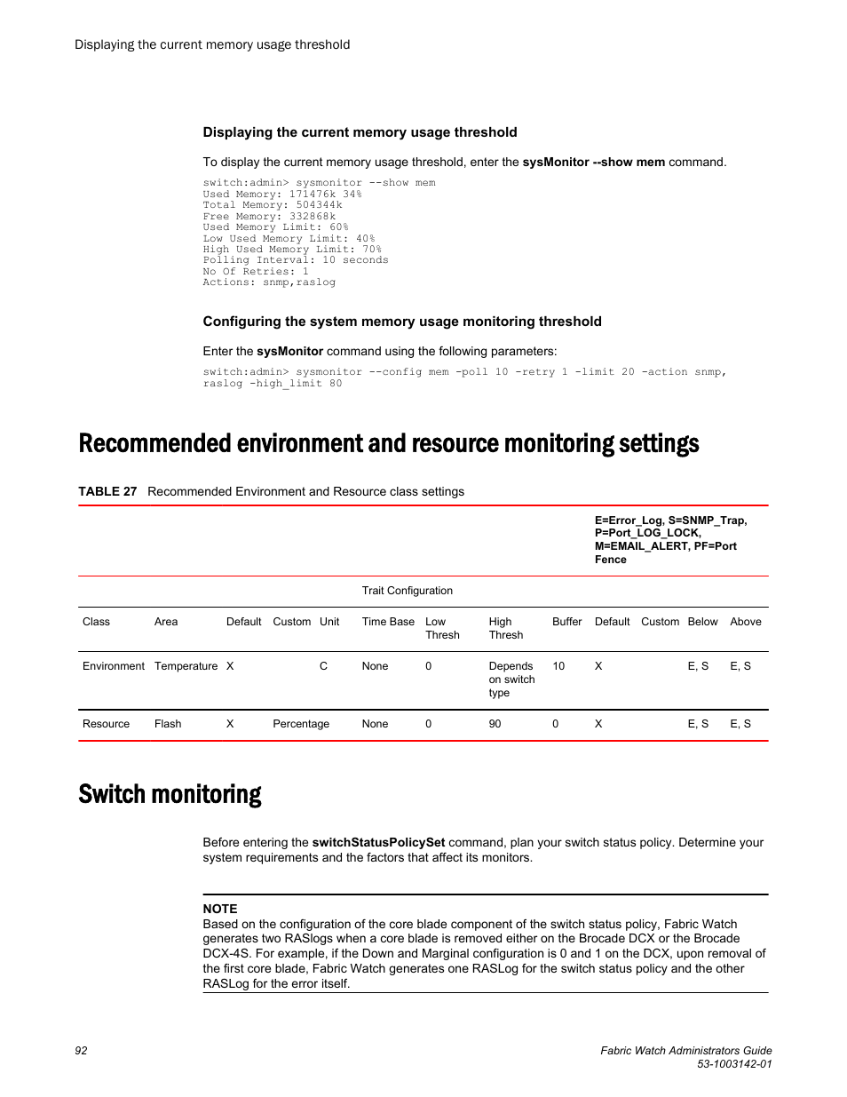 Displaying the current memory usage threshold, Switch monitoring | Brocade Fabric Watch Administrators Guide (Supporting Fabric OS v7.3.0) User Manual | Page 92 / 116