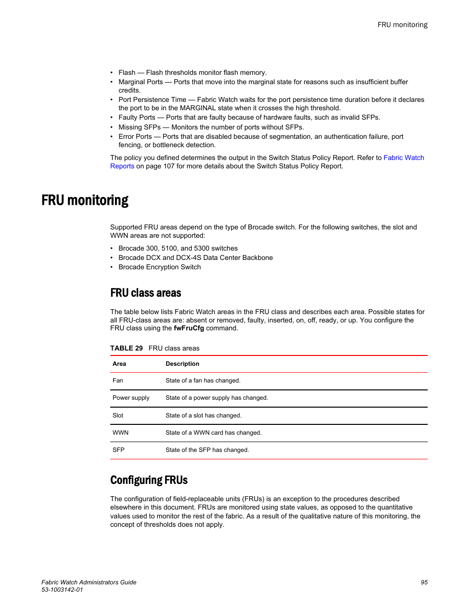 Fru monitoring, Fru class areas, Configuring frus | Fru class areas configuring frus | Brocade Fabric Watch Administrators Guide (Supporting Fabric OS v7.3.0) User Manual | Page 95 / 116