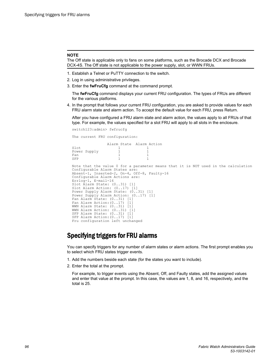 Specifying triggers for fru alarms | Brocade Fabric Watch Administrators Guide (Supporting Fabric OS v7.3.0) User Manual | Page 96 / 116