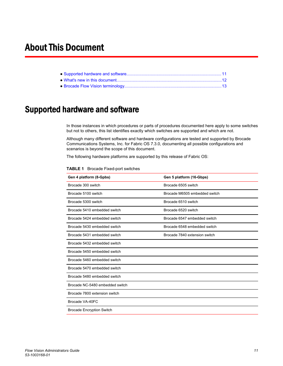 About this document, Supported hardware and software | Brocade Flow Vision Administrators Guide (Supporting Fabric OS v7.3.0) User Manual | Page 11 / 90