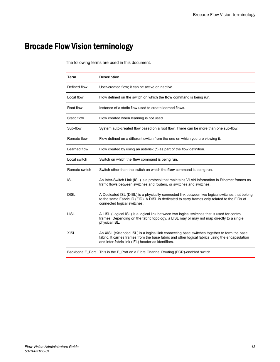 Brocade flow vision terminology | Brocade Flow Vision Administrators Guide (Supporting Fabric OS v7.3.0) User Manual | Page 13 / 90