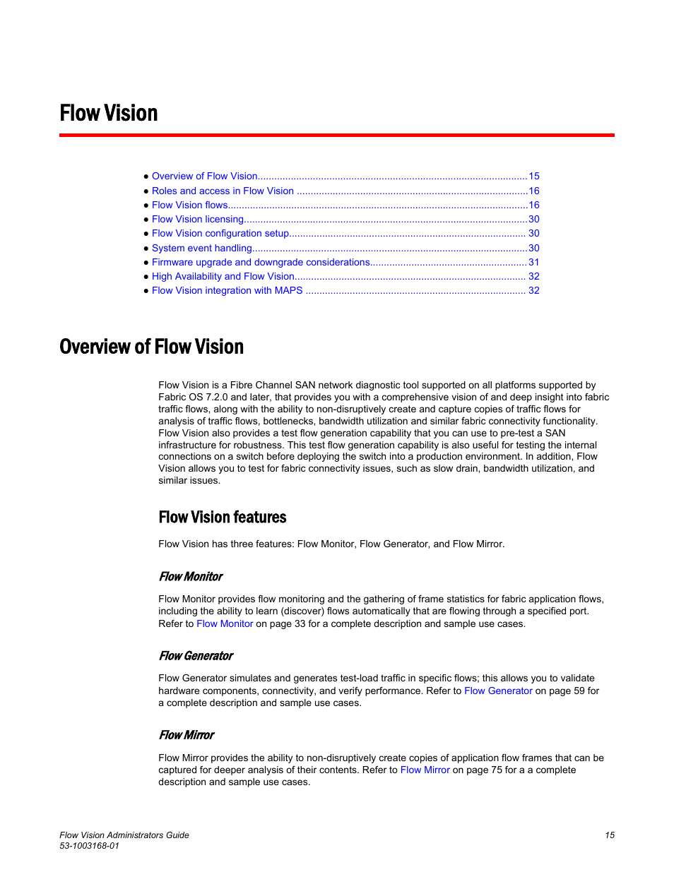 Flow vision, Overview of flow vision, Flow vision features | Flow monitor, Flow generator, Flow mirror | Brocade Flow Vision Administrators Guide (Supporting Fabric OS v7.3.0) User Manual | Page 15 / 90