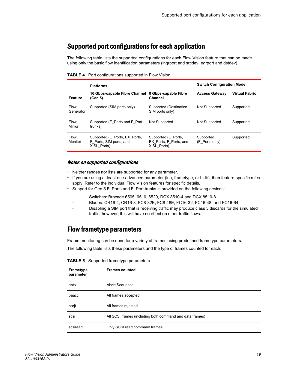 Supported port configurations for each application, Flow frametype parameters | Brocade Flow Vision Administrators Guide (Supporting Fabric OS v7.3.0) User Manual | Page 19 / 90