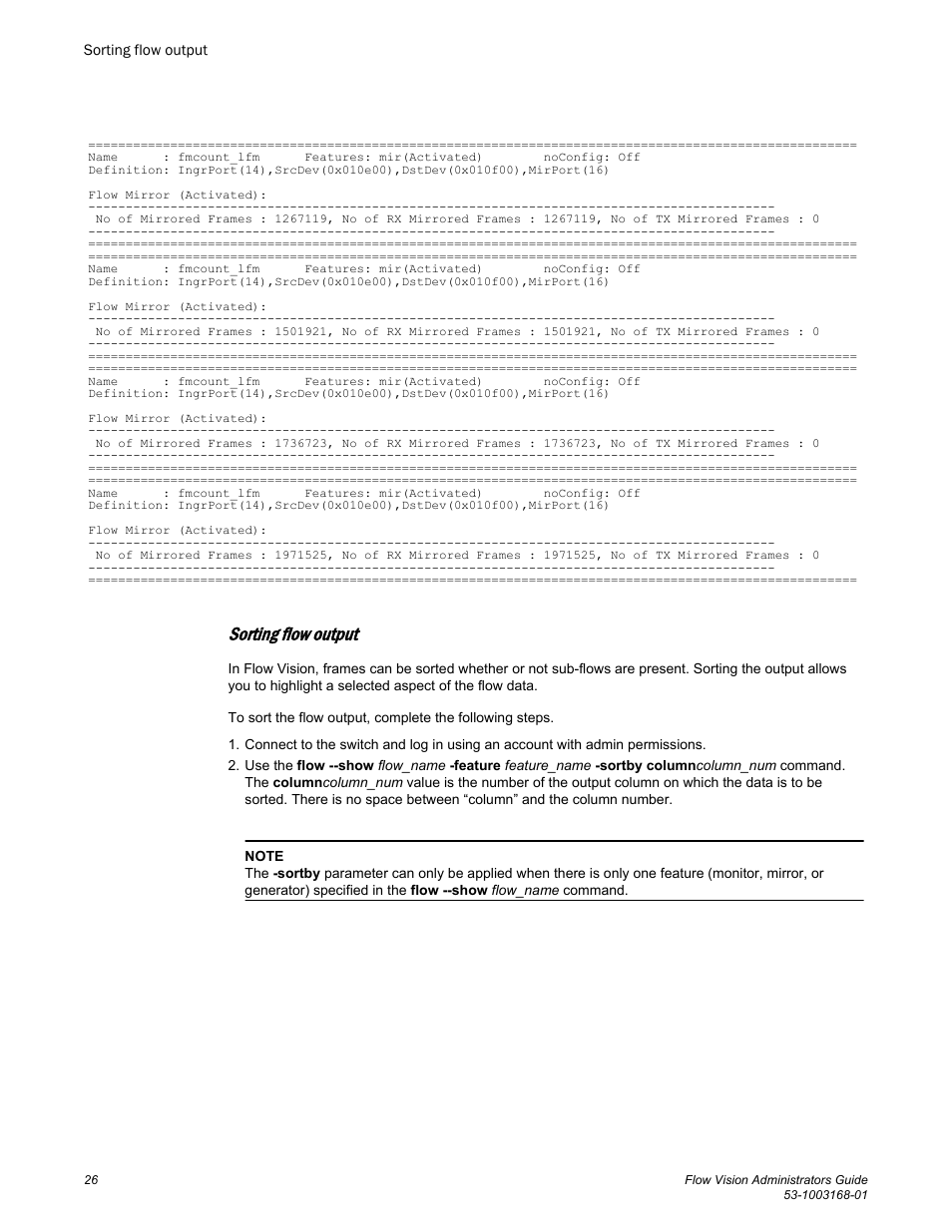 Sorting flow output | Brocade Flow Vision Administrators Guide (Supporting Fabric OS v7.3.0) User Manual | Page 26 / 90