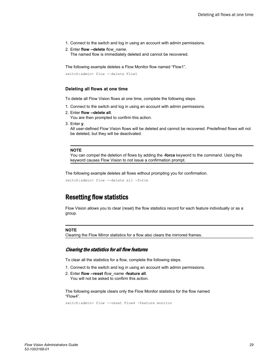 Deleting all flows at one time, Resetting flow statistics, Clearing the statistics for all flow features | Brocade Flow Vision Administrators Guide (Supporting Fabric OS v7.3.0) User Manual | Page 29 / 90