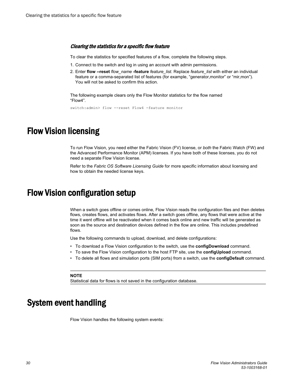 Flow vision licensing, Flow vision configuration setup, System event handling | Brocade Flow Vision Administrators Guide (Supporting Fabric OS v7.3.0) User Manual | Page 30 / 90