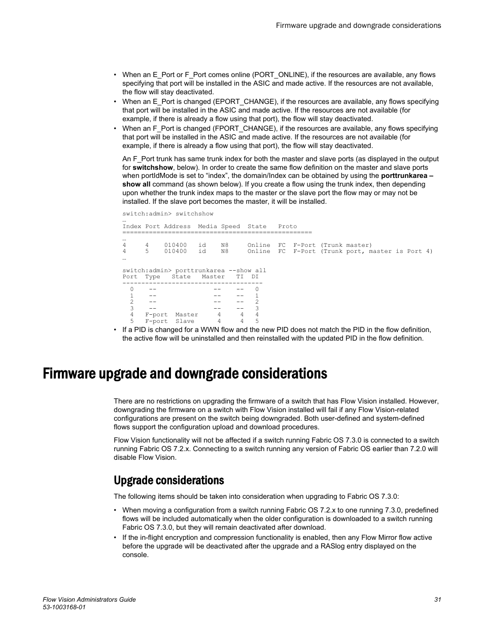 Firmware upgrade and downgrade considerations, Upgrade considerations | Brocade Flow Vision Administrators Guide (Supporting Fabric OS v7.3.0) User Manual | Page 31 / 90