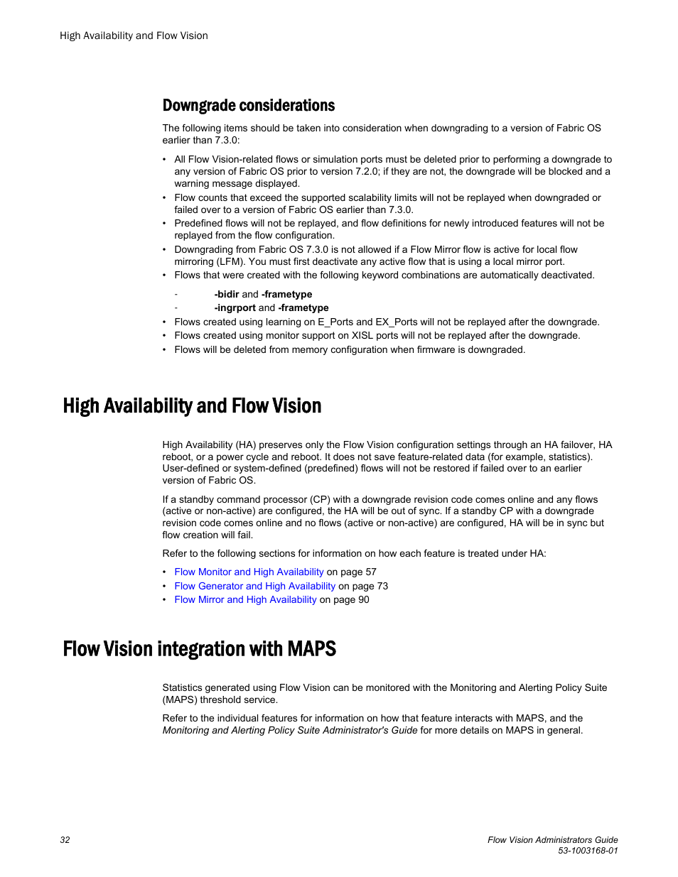 High availability and flow vision, Flow vision integration with maps, Downgrade considerations | Brocade Flow Vision Administrators Guide (Supporting Fabric OS v7.3.0) User Manual | Page 32 / 90