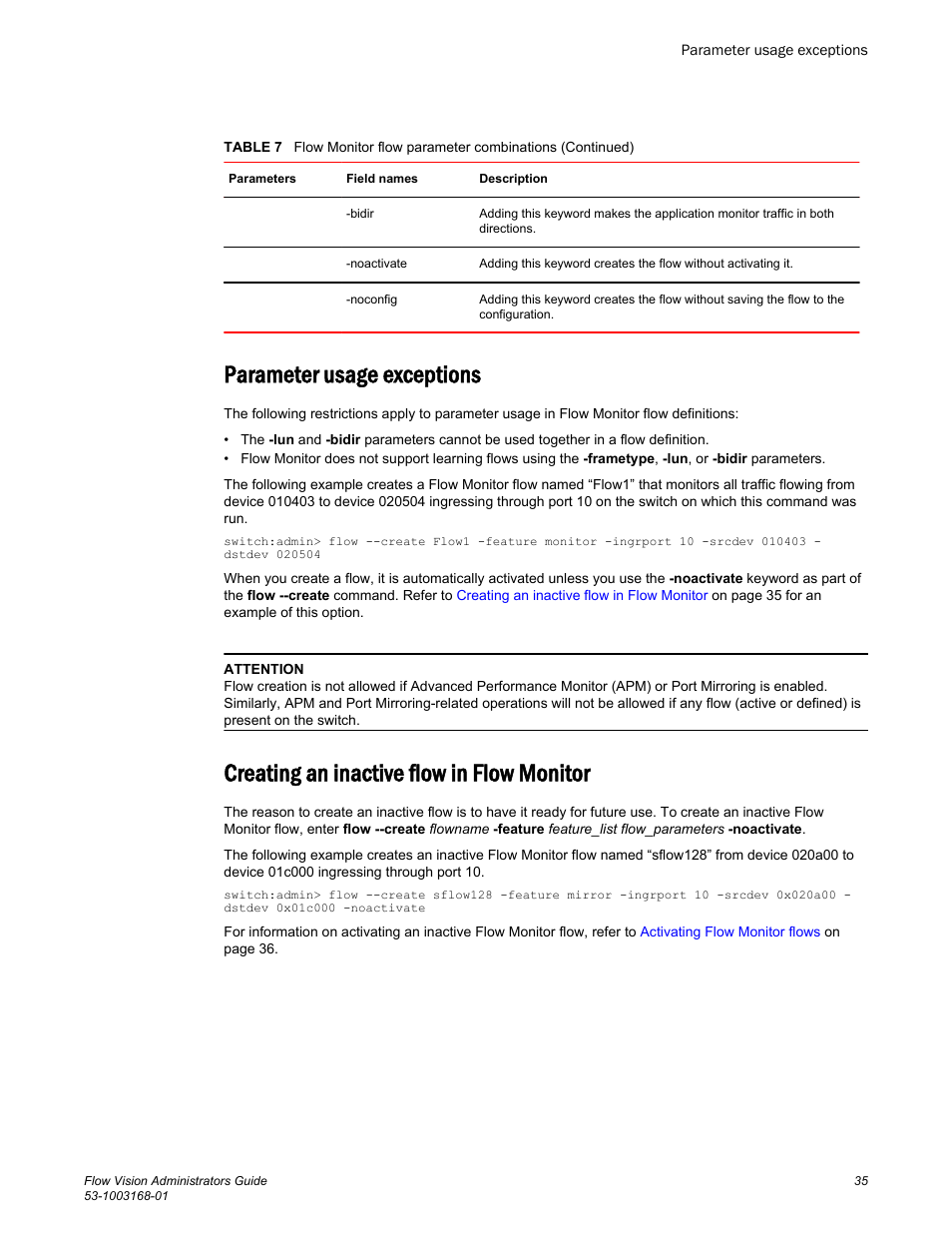 Parameter usage exceptions, Creating an inactive flow in flow monitor | Brocade Flow Vision Administrators Guide (Supporting Fabric OS v7.3.0) User Manual | Page 35 / 90