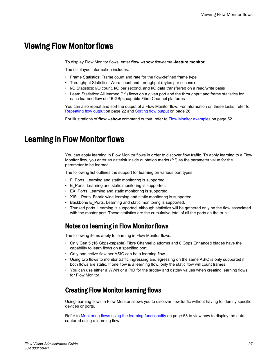 Viewing flow monitor flows, Learning in flow monitor flows, Creating flow monitor learning flows | Learning in flow monitor, Flows | Brocade Flow Vision Administrators Guide (Supporting Fabric OS v7.3.0) User Manual | Page 37 / 90