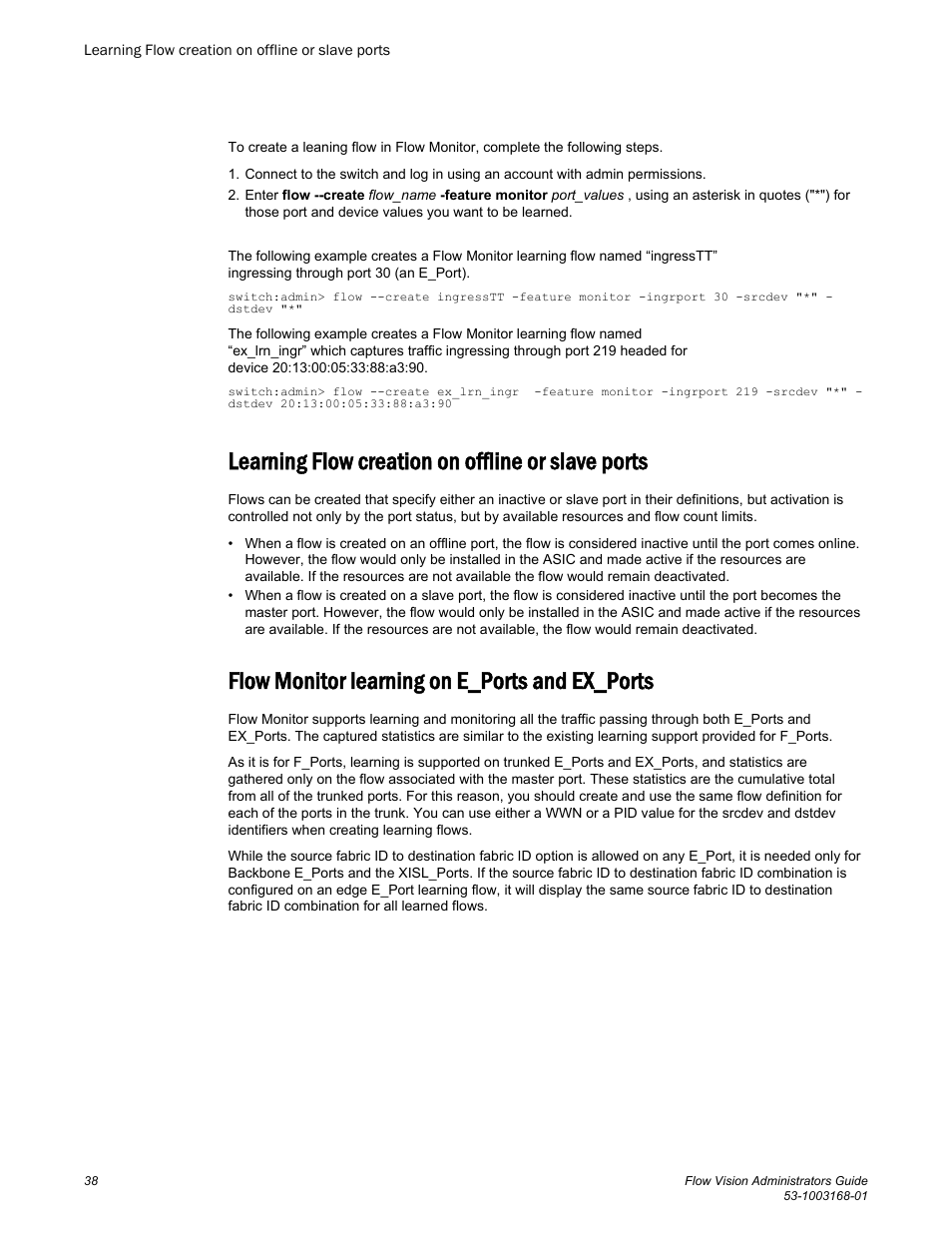 Learning flow creation on offline or slave ports, Flow monitor learning on e_ports and ex_ports | Brocade Flow Vision Administrators Guide (Supporting Fabric OS v7.3.0) User Manual | Page 38 / 90