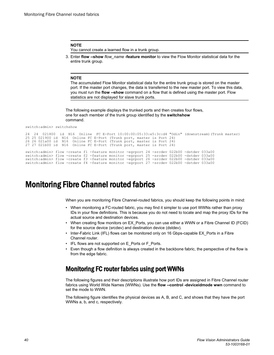 Monitoring fibre channel routed fabrics, Monitoring fc router fabrics using port wwns | Brocade Flow Vision Administrators Guide (Supporting Fabric OS v7.3.0) User Manual | Page 40 / 90