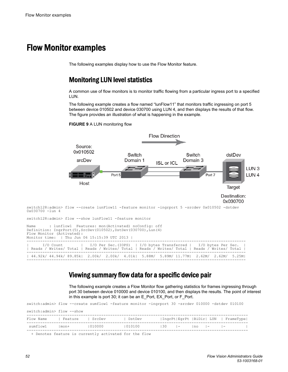 Flow monitor examples, Monitoring lun level statistics, Device and a destination device | Brocade Flow Vision Administrators Guide (Supporting Fabric OS v7.3.0) User Manual | Page 52 / 90