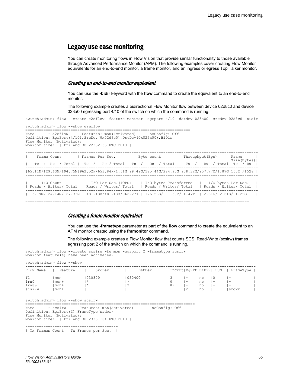 Legacy use case monitoring, Creating an end-to-end monitor equivalent, Creating a frame monitor equivalent | Brocade Flow Vision Administrators Guide (Supporting Fabric OS v7.3.0) User Manual | Page 55 / 90