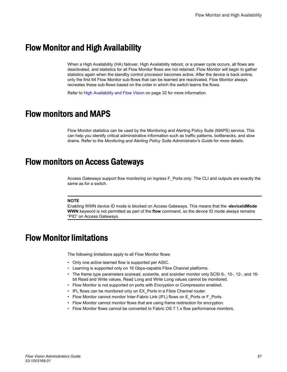 Flow monitor and high availability, Flow monitors and maps, Flow monitors on access gateways | Flow monitor limitations | Brocade Flow Vision Administrators Guide (Supporting Fabric OS v7.3.0) User Manual | Page 57 / 90