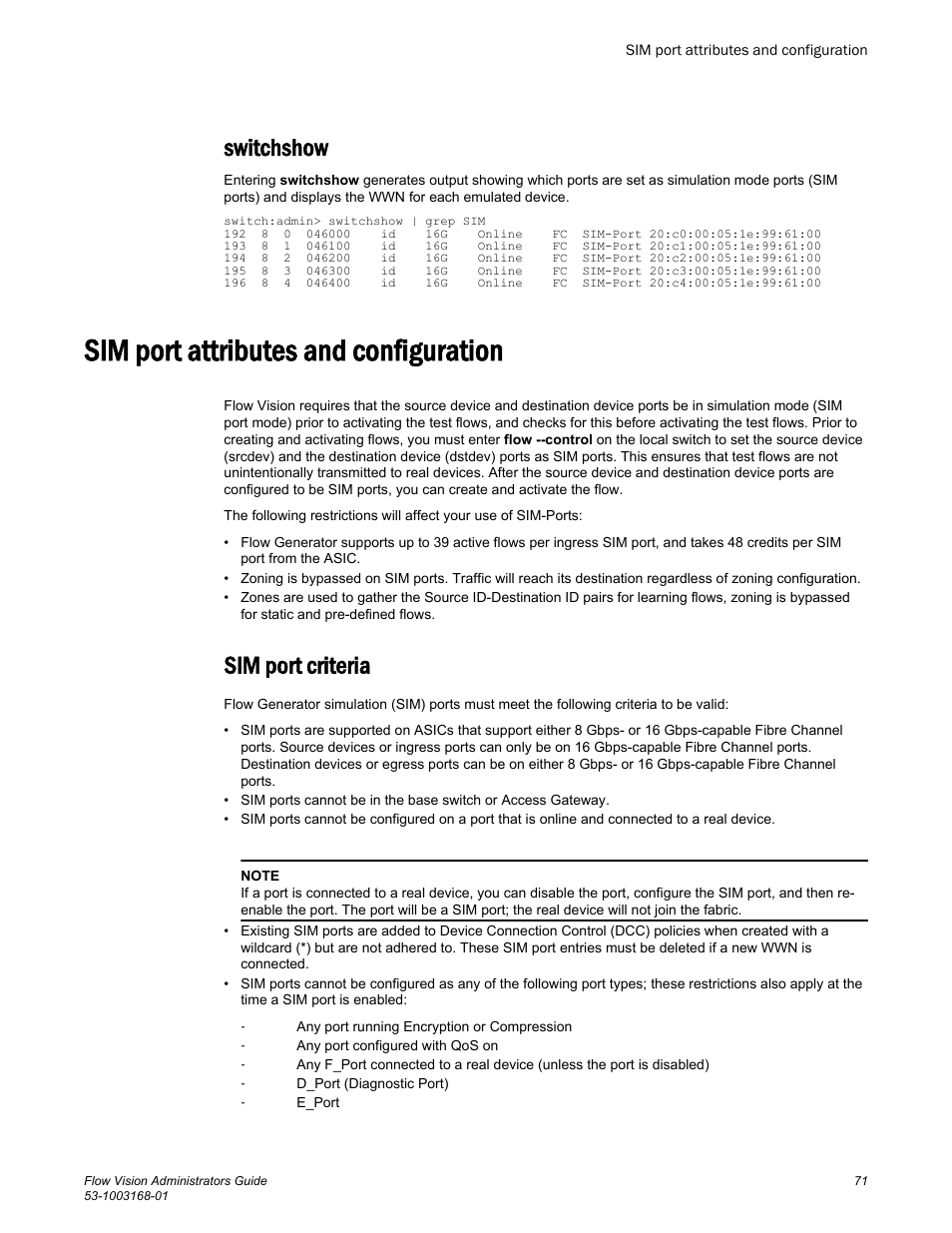 Sim port attributes and configuration, Sim port criteria, Switchshow | Brocade Flow Vision Administrators Guide (Supporting Fabric OS v7.3.0) User Manual | Page 71 / 90