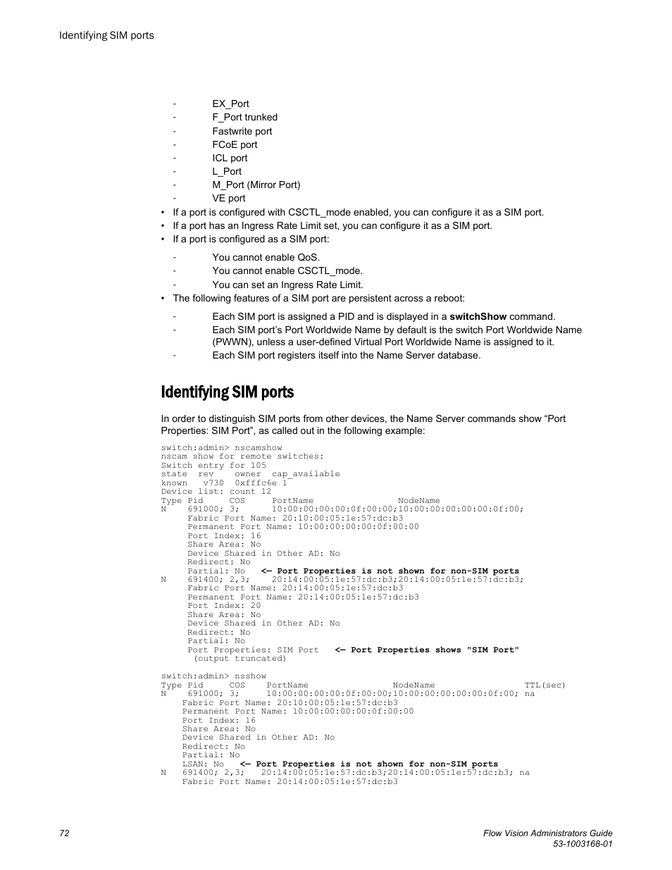Identifying sim ports | Brocade Flow Vision Administrators Guide (Supporting Fabric OS v7.3.0) User Manual | Page 72 / 90
