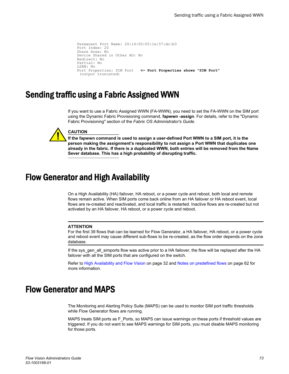 Sending traffic using a fabric assigned wwn, Flow generator and high availability, Flow generator and maps | Brocade Flow Vision Administrators Guide (Supporting Fabric OS v7.3.0) User Manual | Page 73 / 90