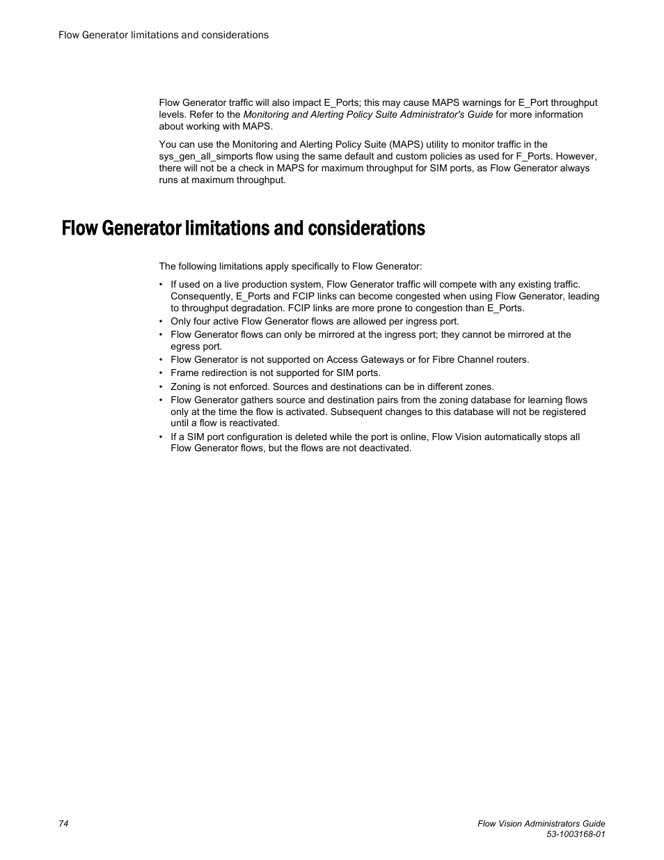 Flow generator limitations and considerations | Brocade Flow Vision Administrators Guide (Supporting Fabric OS v7.3.0) User Manual | Page 74 / 90