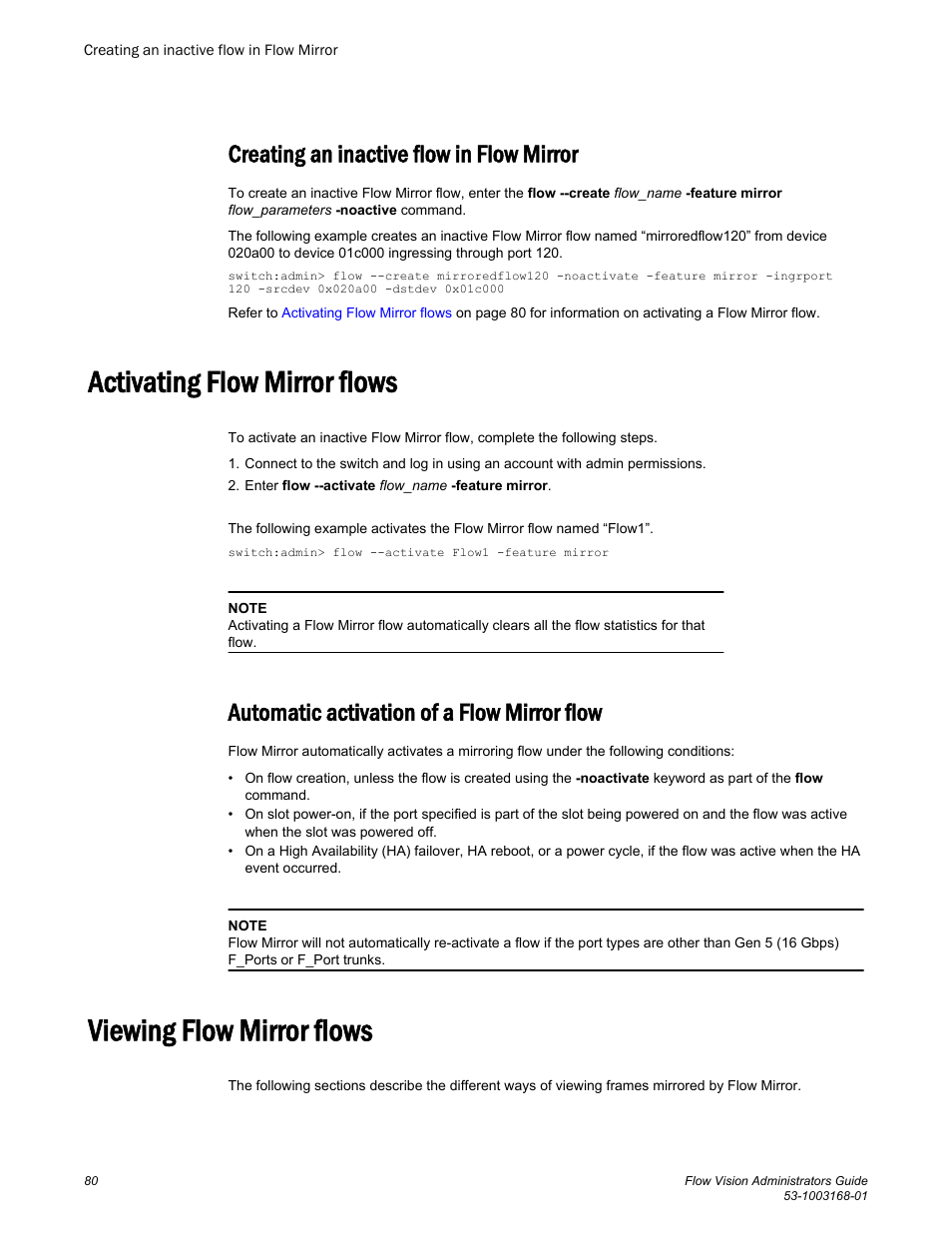 Creating an inactive flow in flow mirror, Activating flow mirror flows, Automatic activation of a flow mirror flow | Viewing flow mirror flows, Command. refer to | Brocade Flow Vision Administrators Guide (Supporting Fabric OS v7.3.0) User Manual | Page 80 / 90