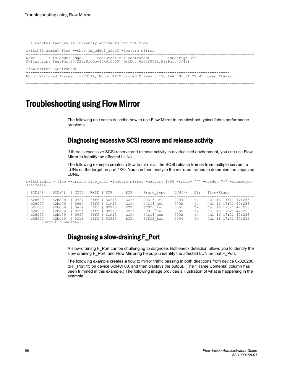 Troubleshooting using flow mirror, Diagnosing a slow-draining f_port | Brocade Flow Vision Administrators Guide (Supporting Fabric OS v7.3.0) User Manual | Page 86 / 90