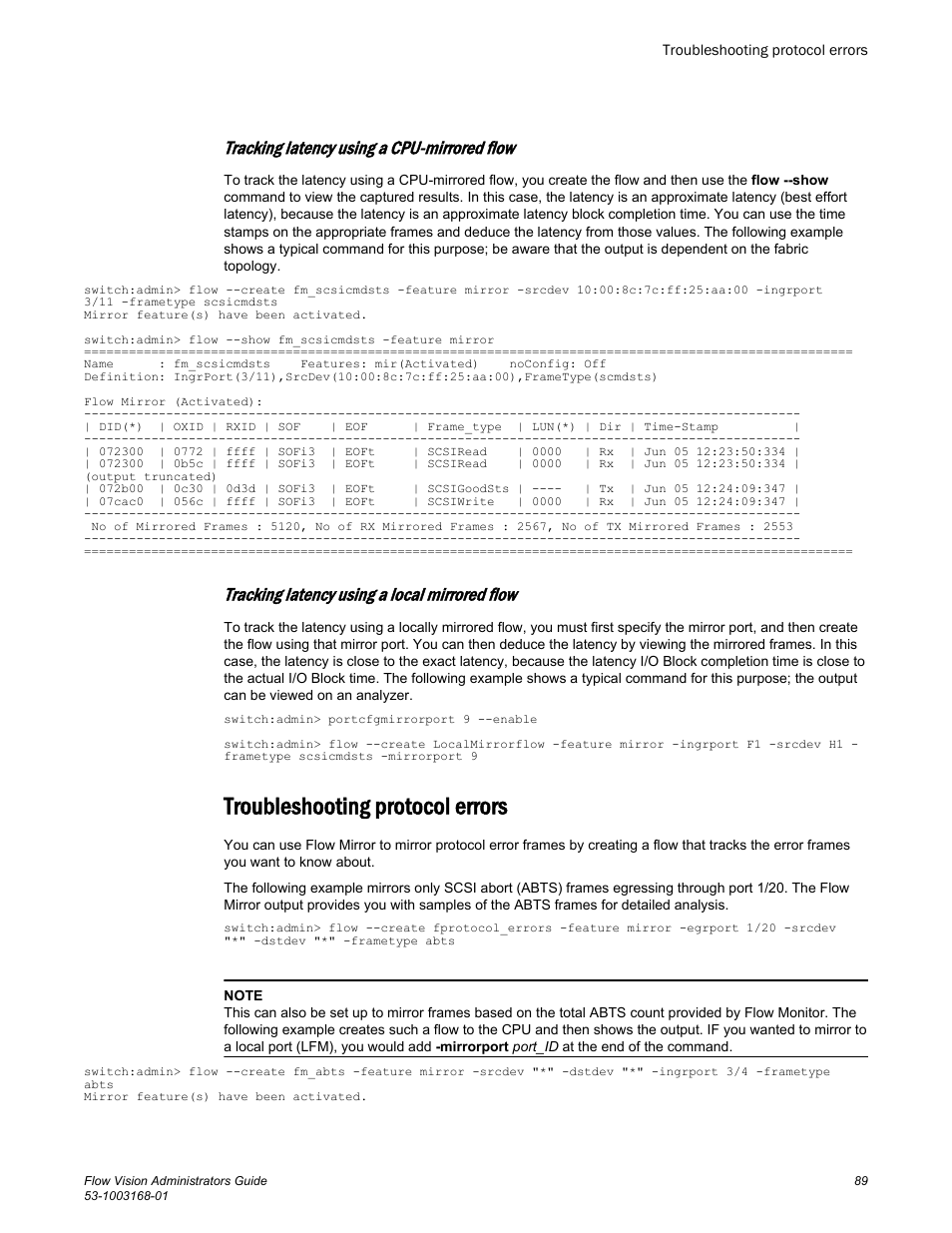 Troubleshooting protocol errors, Tracking latency using a cpu-mirrored flow, Tracking latency using a local mirrored flow | Brocade Flow Vision Administrators Guide (Supporting Fabric OS v7.3.0) User Manual | Page 89 / 90