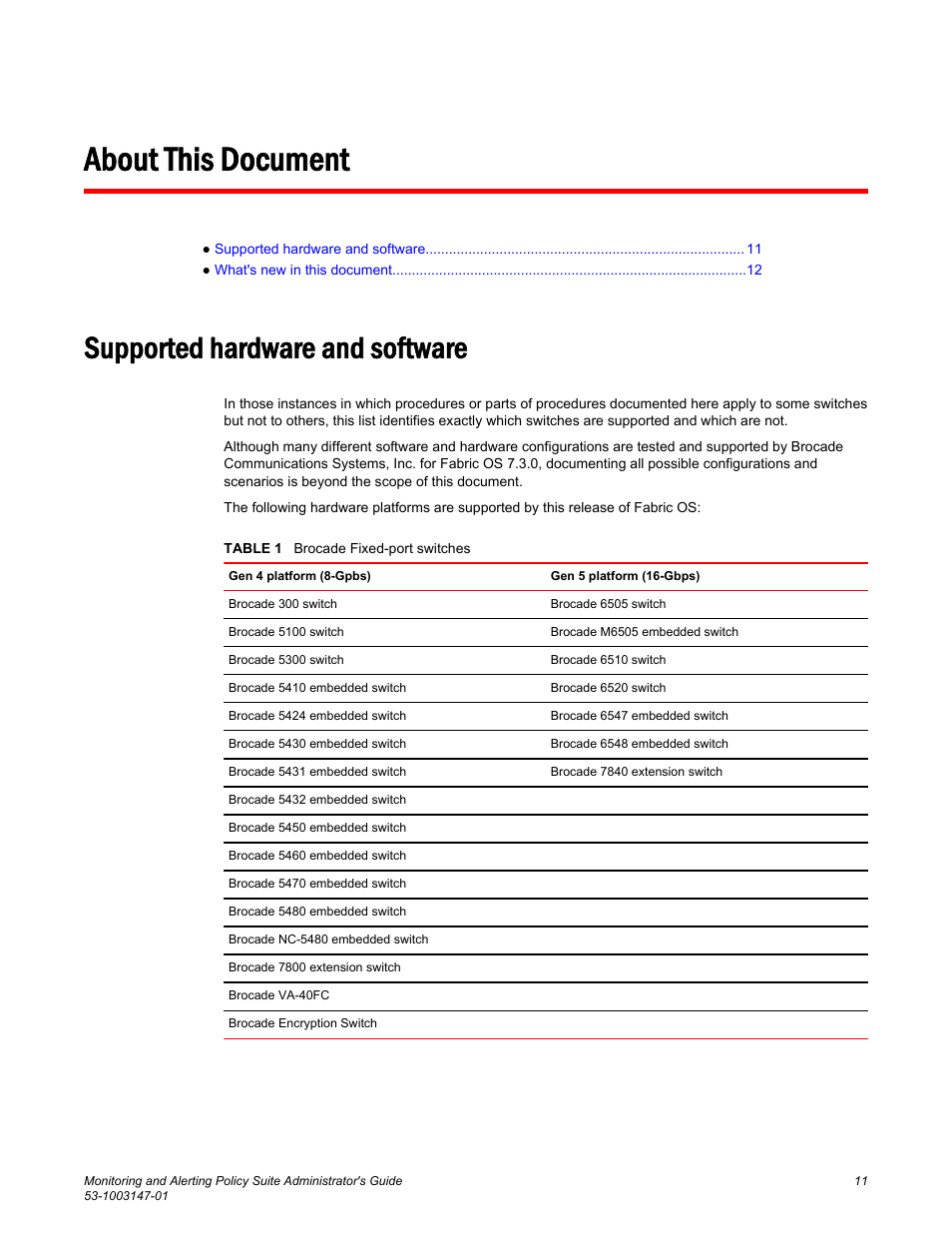 About this document, Supported hardware and software | Brocade Monitoring and Alerting Policy Suite Administrators Guide (Supporting Fabric OS v7.3.0) User Manual | Page 11 / 114