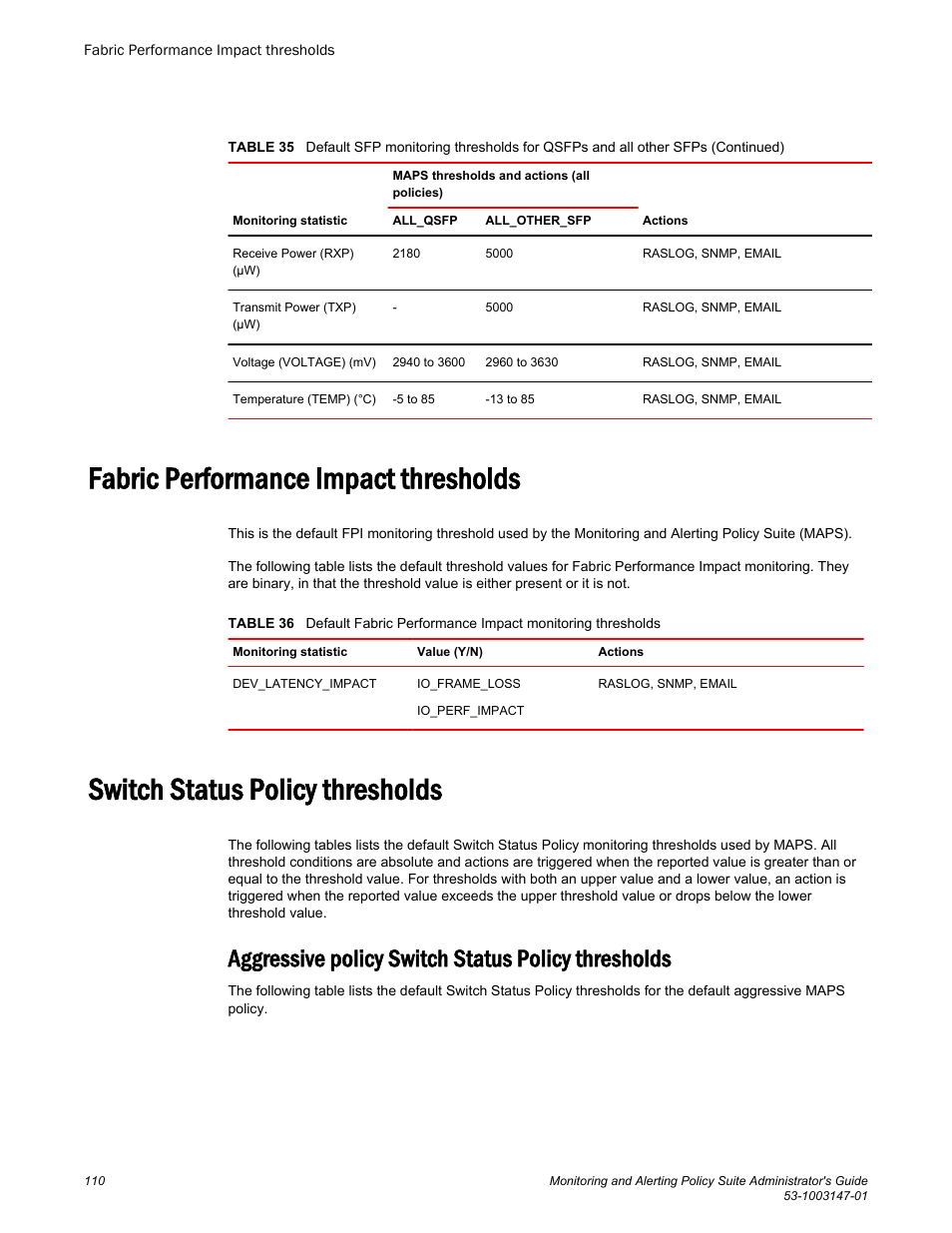 Fabric performance impact thresholds, Switch status policy thresholds, Aggressive policy switch status policy thresholds | Brocade Monitoring and Alerting Policy Suite Administrators Guide (Supporting Fabric OS v7.3.0) User Manual | Page 110 / 114