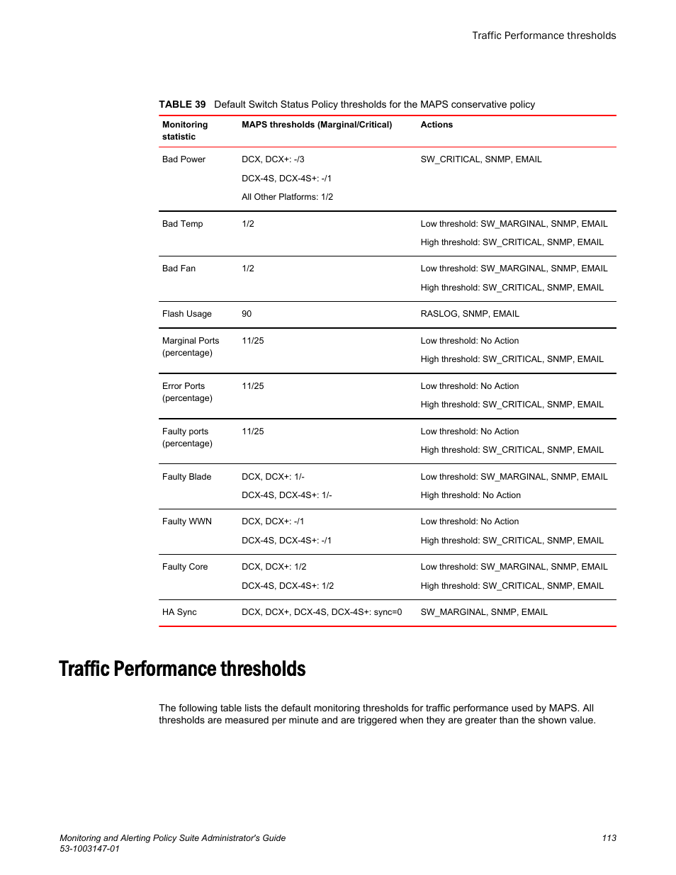 Traffic performance thresholds | Brocade Monitoring and Alerting Policy Suite Administrators Guide (Supporting Fabric OS v7.3.0) User Manual | Page 113 / 114