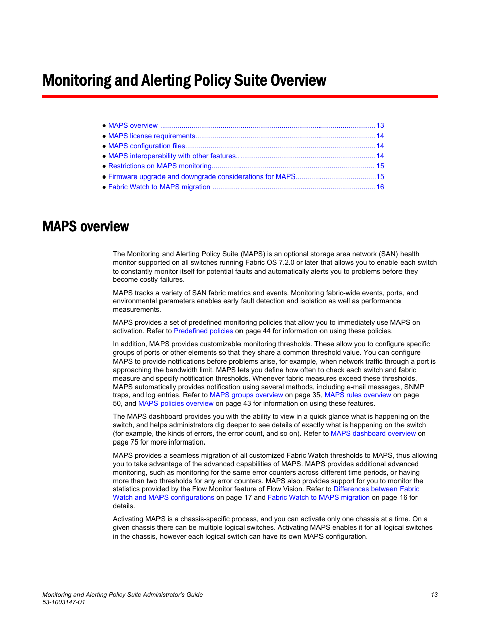 Monitoring and alerting policy suite overview, Maps overview | Brocade Monitoring and Alerting Policy Suite Administrators Guide (Supporting Fabric OS v7.3.0) User Manual | Page 13 / 114