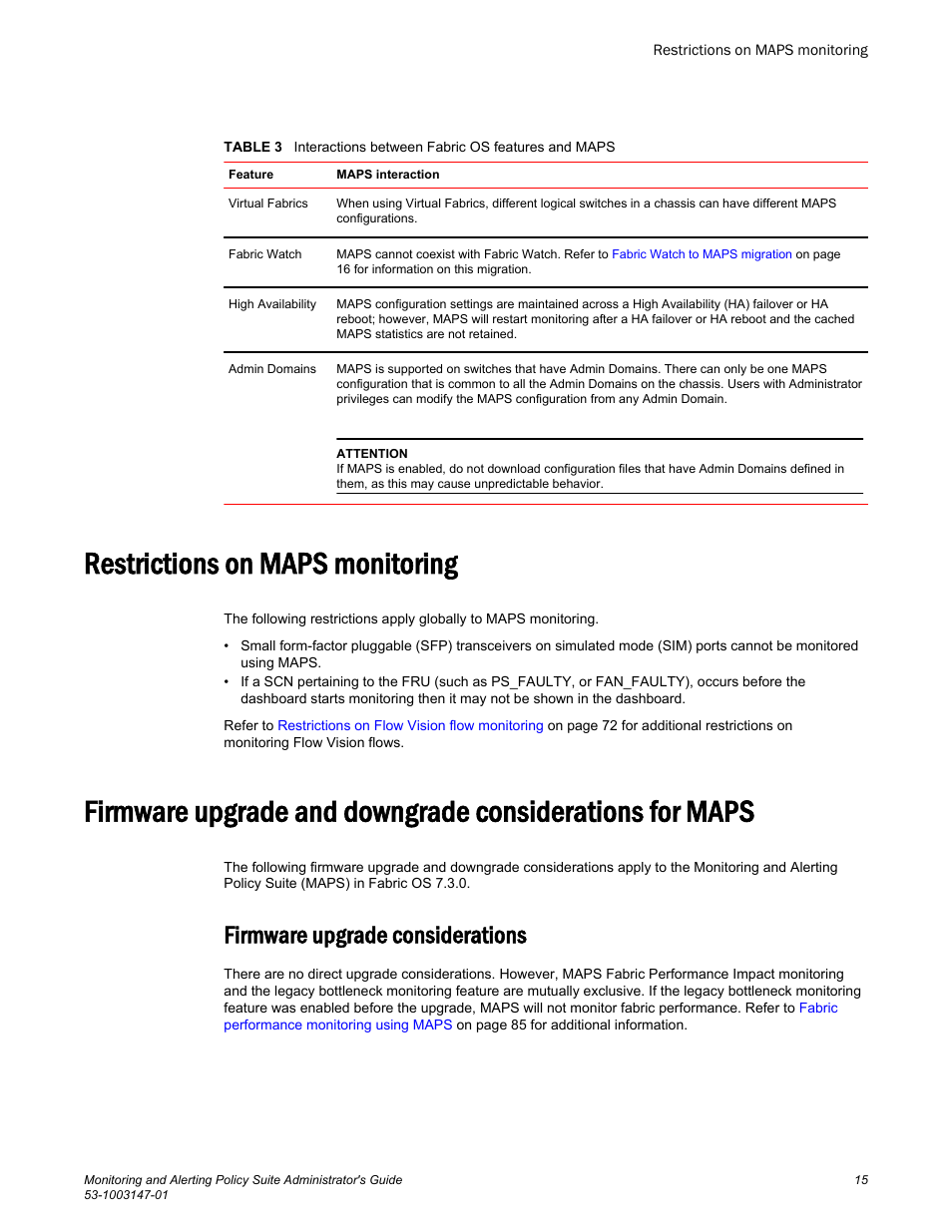 Restrictions on maps monitoring, Firmware upgrade considerations | Brocade Monitoring and Alerting Policy Suite Administrators Guide (Supporting Fabric OS v7.3.0) User Manual | Page 15 / 114