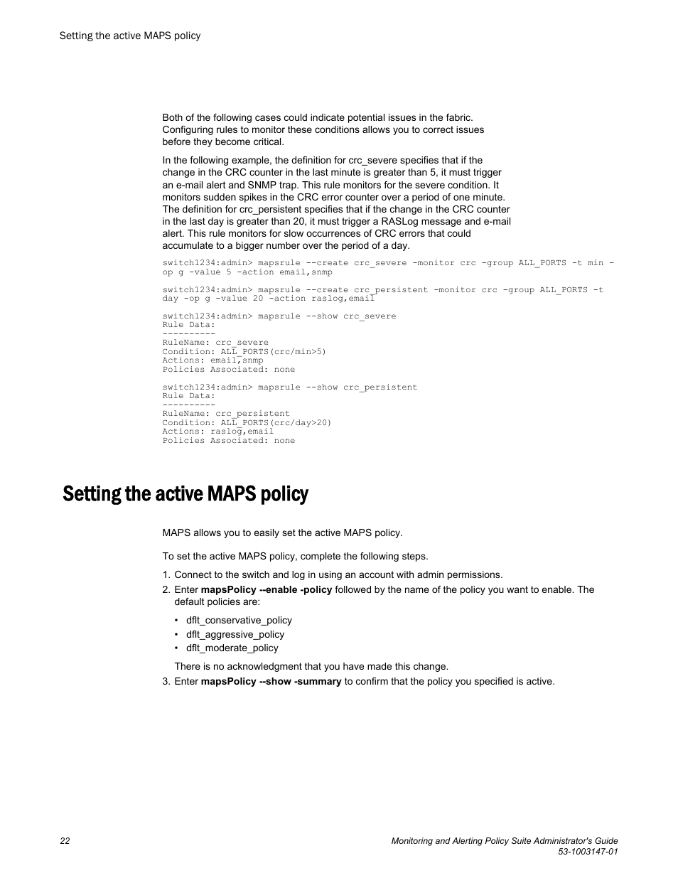 Setting the active maps policy | Brocade Monitoring and Alerting Policy Suite Administrators Guide (Supporting Fabric OS v7.3.0) User Manual | Page 22 / 114