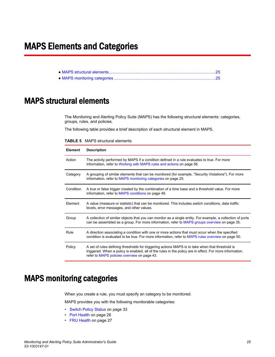 Maps elements and categories, Maps structural elements, Maps monitoring categories | Brocade Monitoring and Alerting Policy Suite Administrators Guide (Supporting Fabric OS v7.3.0) User Manual | Page 25 / 114