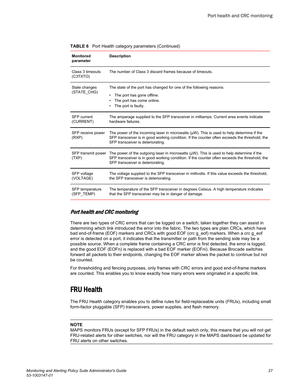 Port health and crc monitoring, Fru health | Brocade Monitoring and Alerting Policy Suite Administrators Guide (Supporting Fabric OS v7.3.0) User Manual | Page 27 / 114