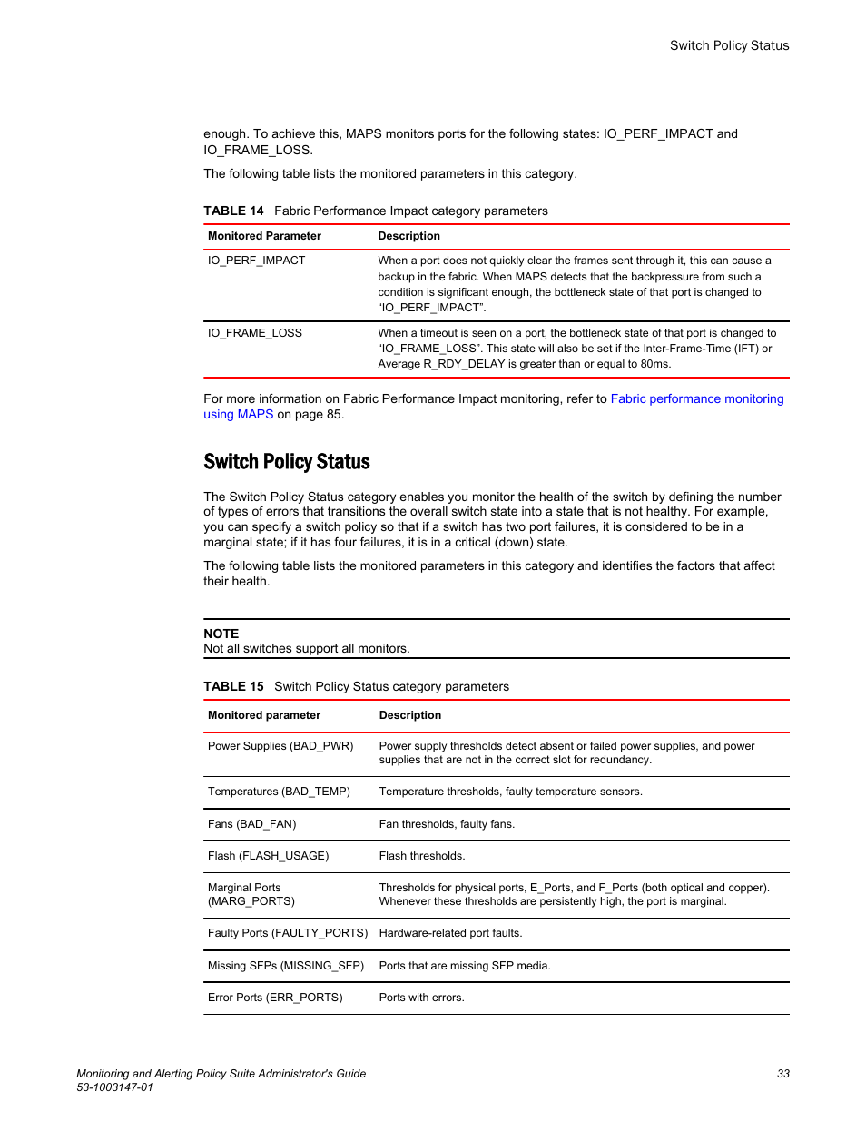 Switch policy status | Brocade Monitoring and Alerting Policy Suite Administrators Guide (Supporting Fabric OS v7.3.0) User Manual | Page 33 / 114