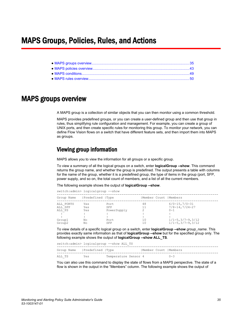 Maps groups, policies, rules, and actions, Maps groups overview, Viewing group information | Traps, and log entries. refer to | Brocade Monitoring and Alerting Policy Suite Administrators Guide (Supporting Fabric OS v7.3.0) User Manual | Page 35 / 114