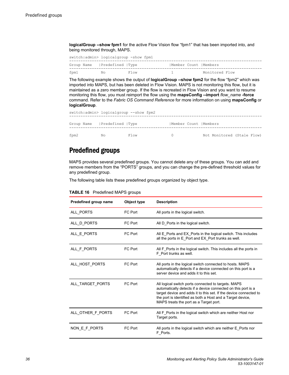 Predefined groups | Brocade Monitoring and Alerting Policy Suite Administrators Guide (Supporting Fabric OS v7.3.0) User Manual | Page 36 / 114