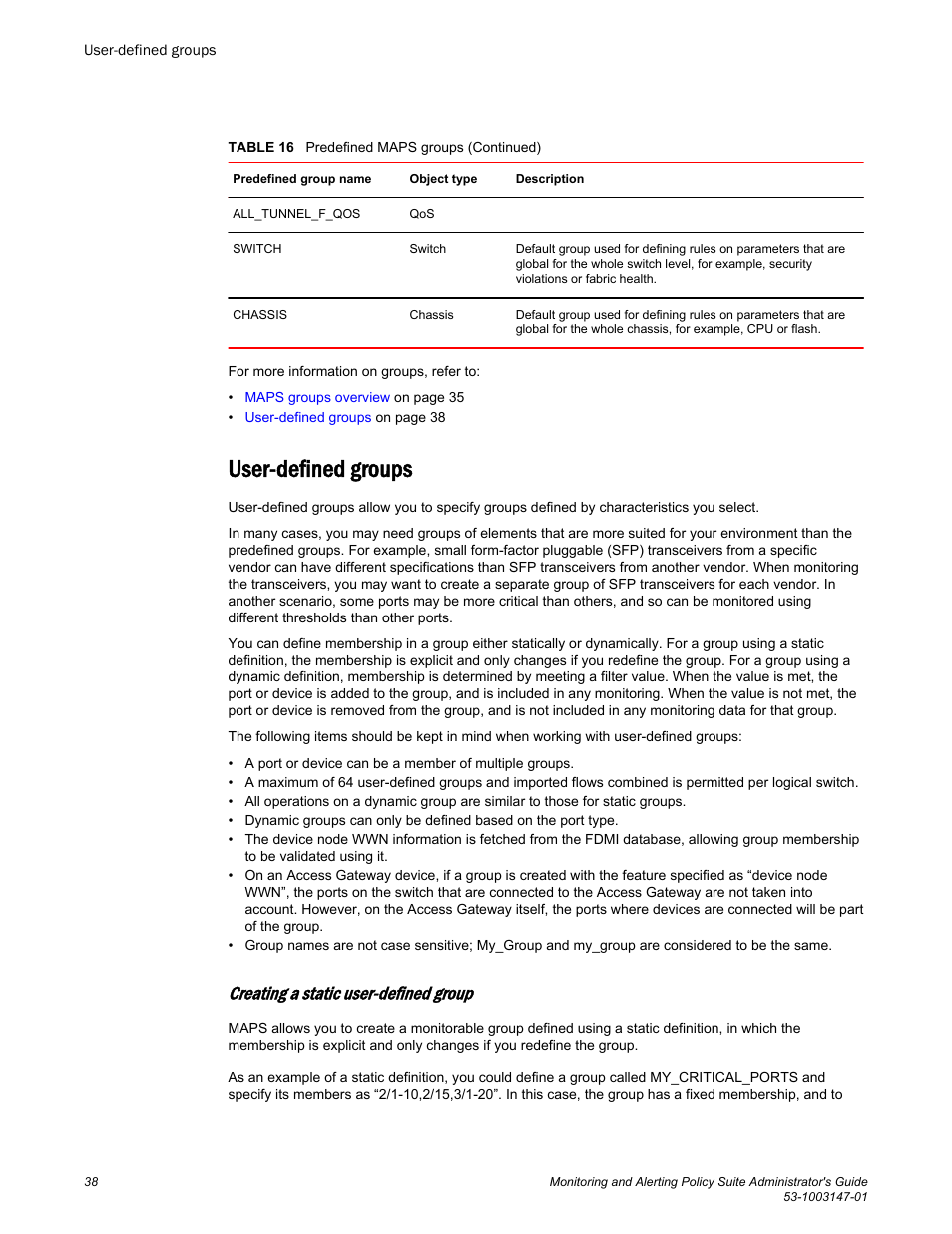 User-defined groups, Creating a static user-defined group | Brocade Monitoring and Alerting Policy Suite Administrators Guide (Supporting Fabric OS v7.3.0) User Manual | Page 38 / 114